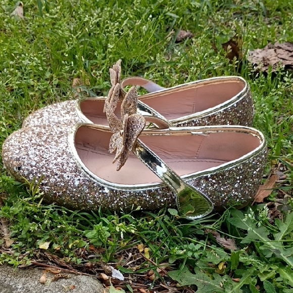 Sparkling Gold Kids Dress Shoes with Butterfly Detail - Picture 2 of 6